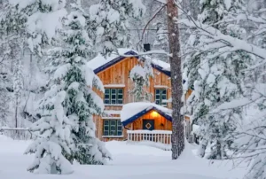 Norwegian typical hut in winter Malselv